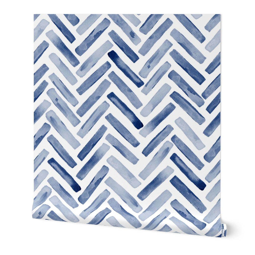 Painted Chevron Herringbone Wallpaper, 2'x9', Prepasted Removable Smooth, Blue