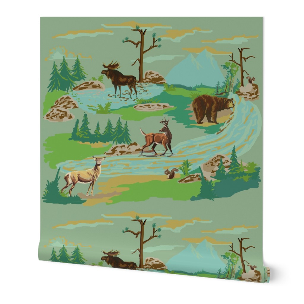 Painted Woodland Animals - Green Wallpaper, 2'x9', Prepasted Removable Smooth, Green