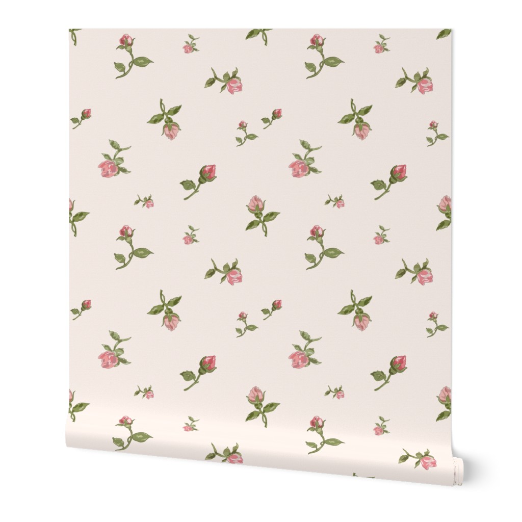 Scattered Vintage Rosebuds - Pink Wallpaper, Test Swatch (2' x 1'), Prepasted Removable Smooth, Pink