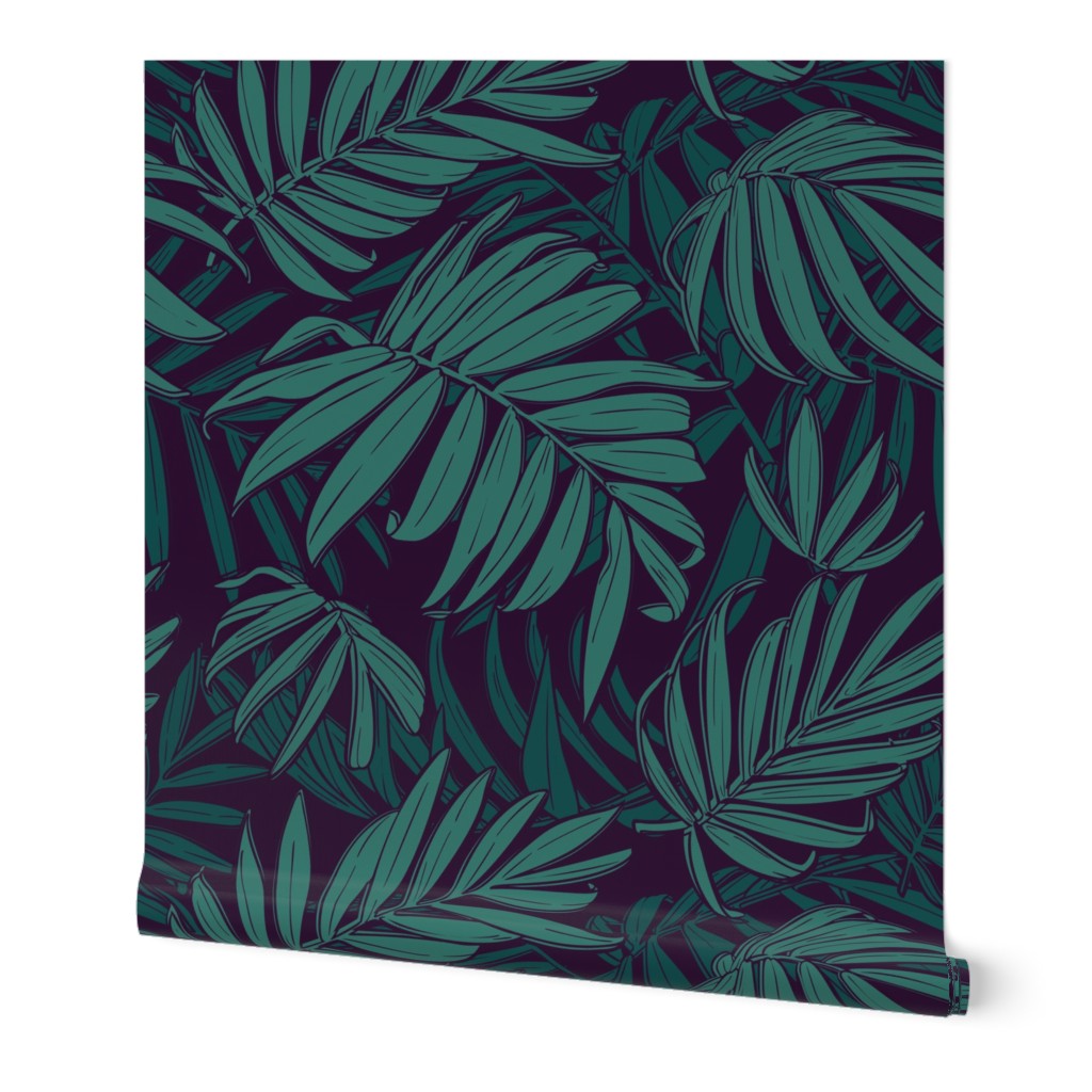 Tropical Chamaedorea Leaves - Dark Wallpaper, 2'x3', Prepasted Removable Smooth, Green