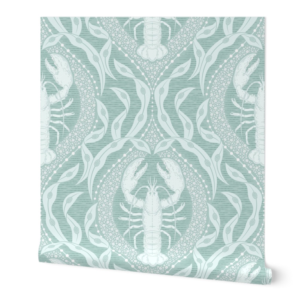Lobster and Seaweed Nautical Damask Wallpaper, 2'x3', Prepasted Removable Smooth, Green