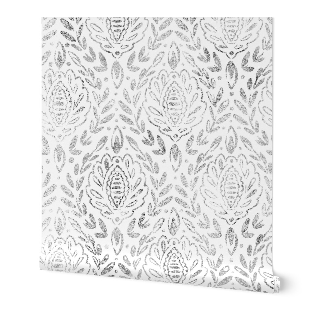 Distressed Damask Leaves - Grey Wallpaper, 2'x9', Prepasted Removable Smooth, Gray