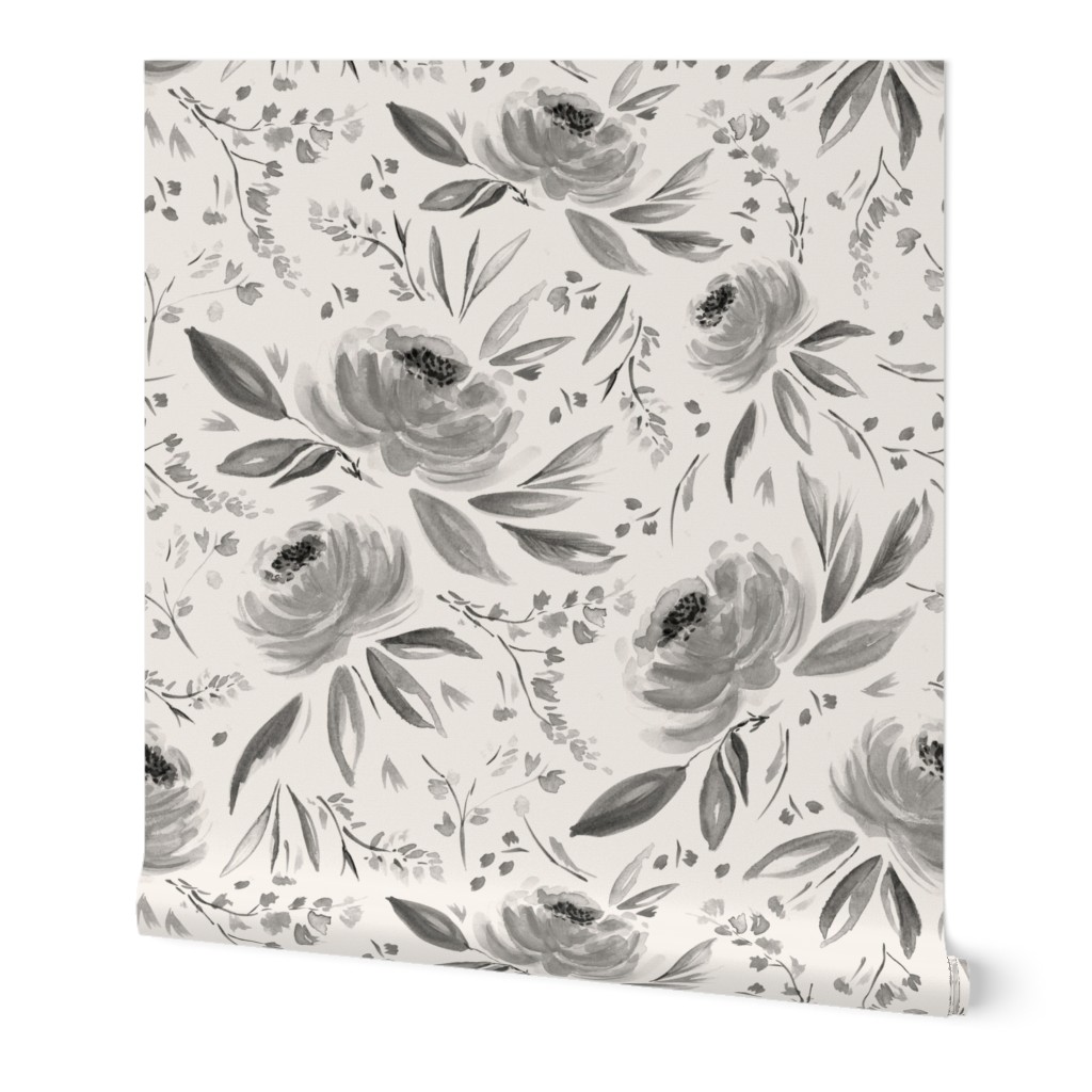 Florence Floral - Gray Wallpaper, 2'x9', Prepasted Removable Smooth, Gray