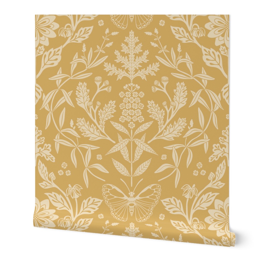 Damask Damask - Ochre Wallpaper, 2'x12', Prepasted Removable Smooth, Yellow