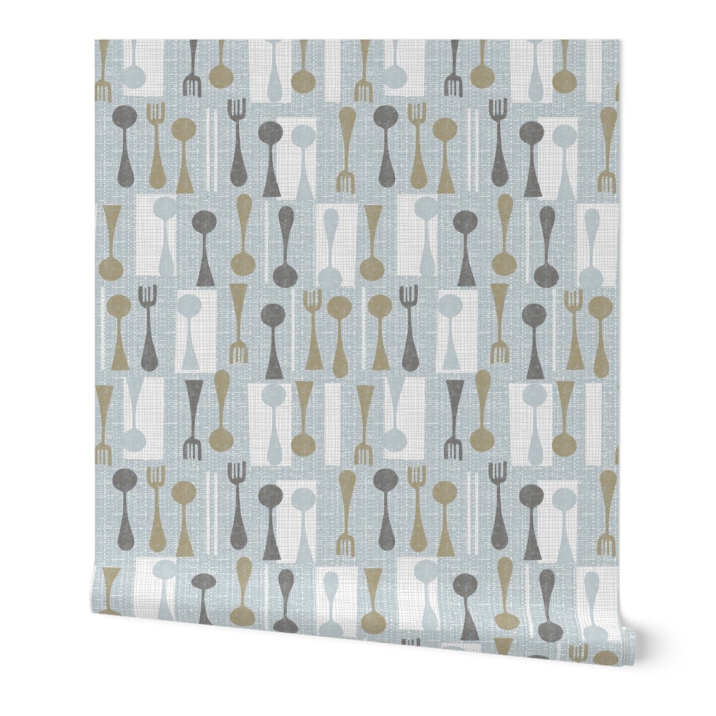 Mid Mod Cutlery and Napkins - Neutral Wallpaper, 2'x9', Prepasted Removable Smooth, Blue