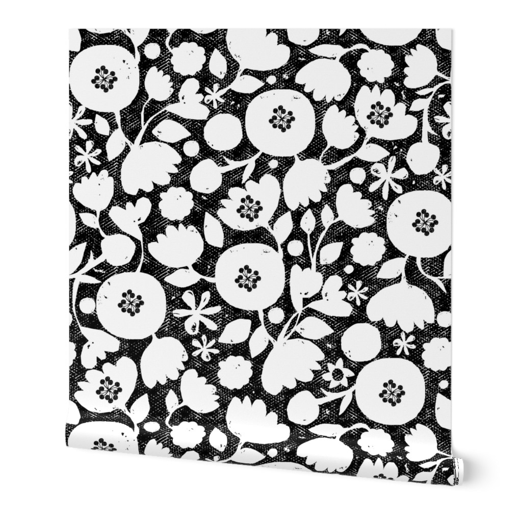 Cut Flowers - Black and White Wallpaper, 2'x9', Prepasted Removable Smooth, Black