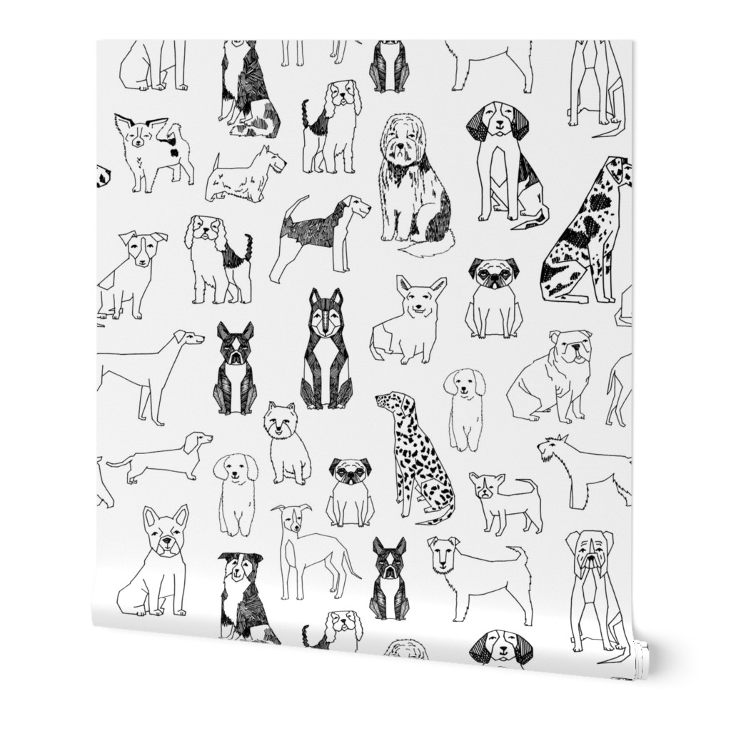 Hand Drawn Dogs Illustration - Black and White Wallpaper, 2'x9', Prepasted Removable Smooth, White
