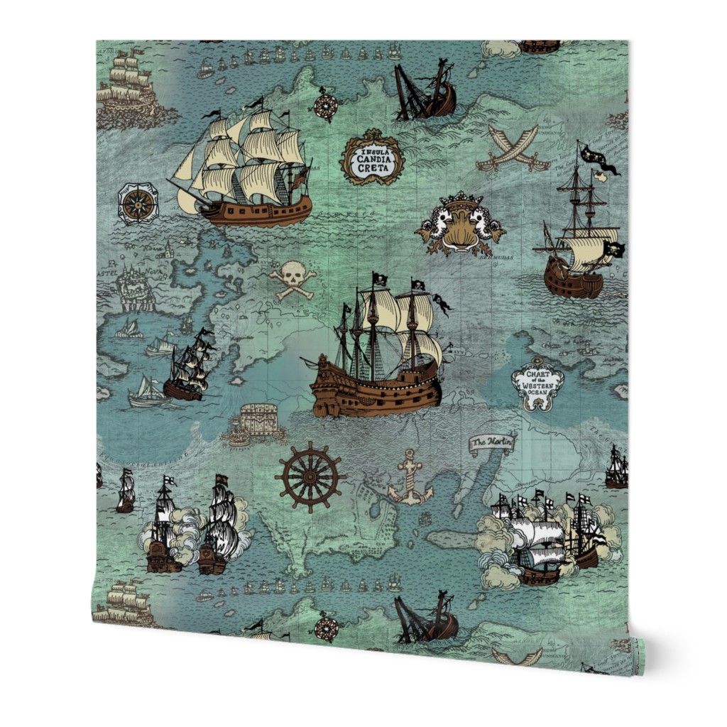 Pirate Ships Map - Blue Wallpaper, 2'x12', Prepasted Removable Smooth, Blue