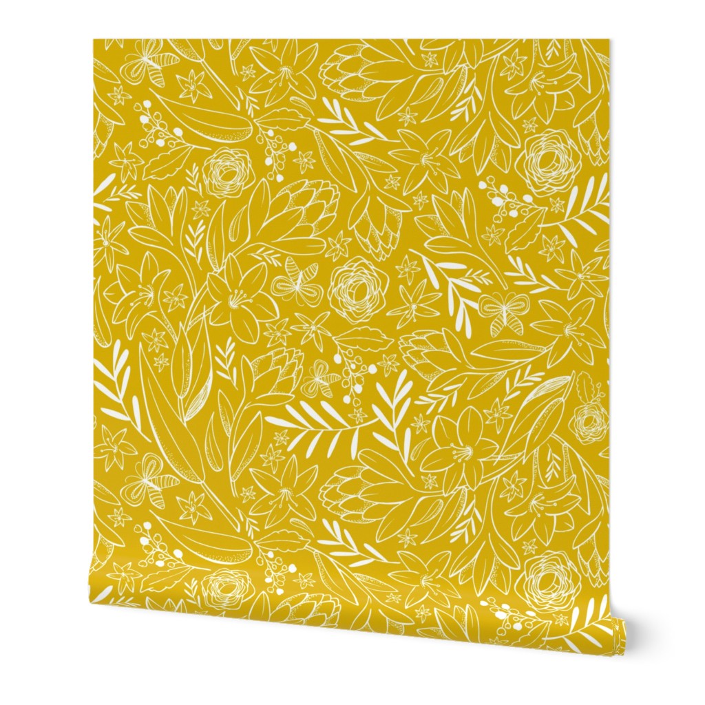 Botanical Floral Sketchbook - Yellow Wallpaper, 2'x12', Prepasted Removable Smooth, Yellow