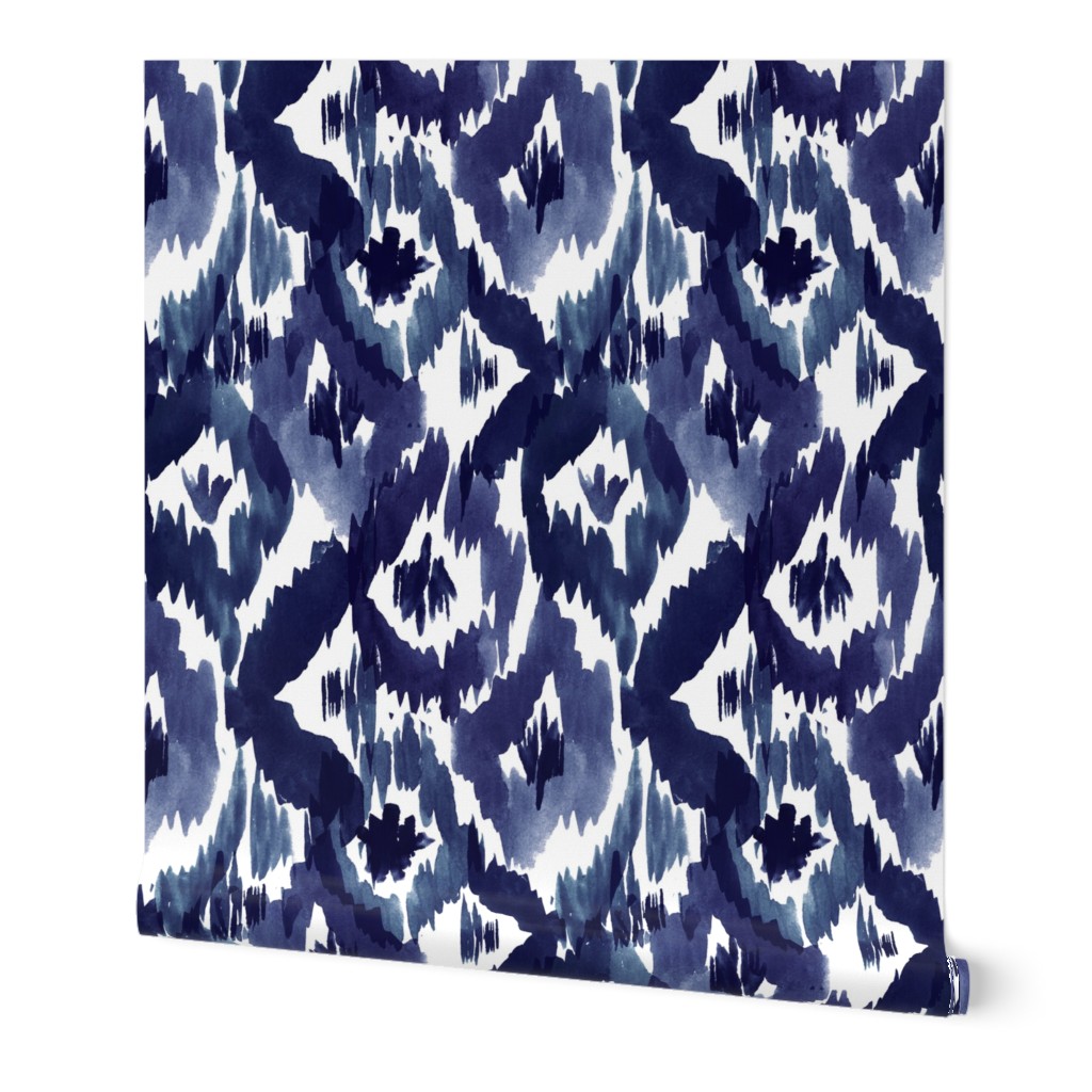Ikat Diamonds - Indigo Wallpaper, Test Swatch (2' x 1'), Prepasted Removable Smooth, Blue