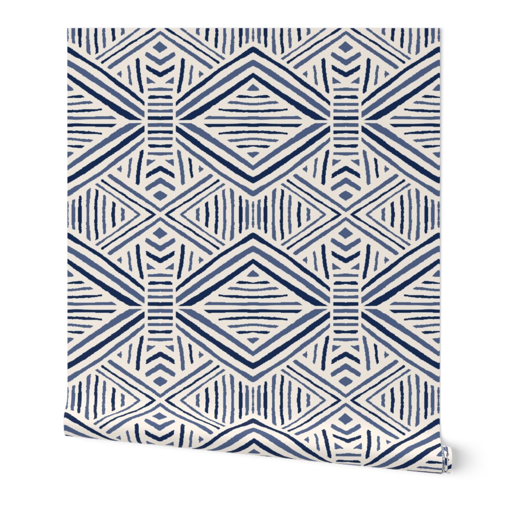 Tribal Geometric - Navy Wallpaper, 2'x12', Prepasted Removable Smooth, Blue