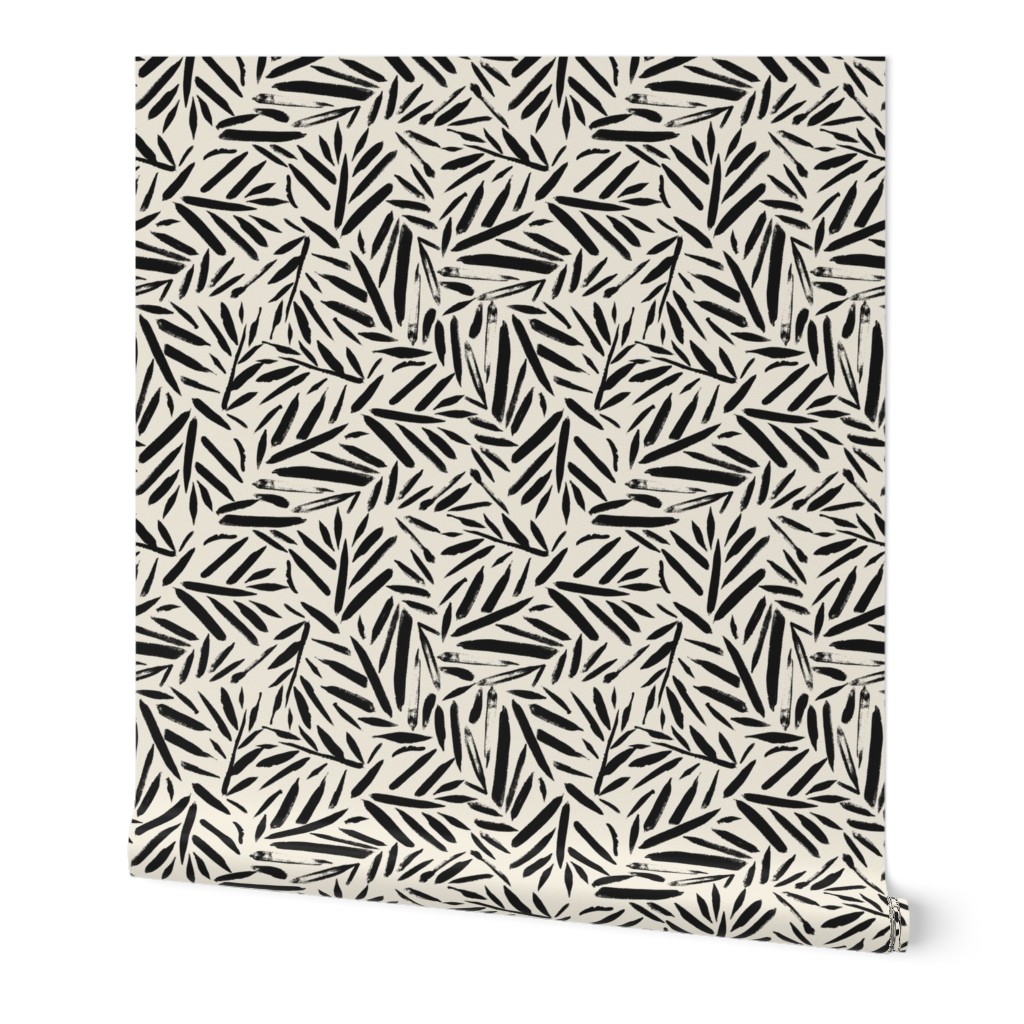 Brushstroke Leaves - Black and Cream Wallpaper, 2'x3', Prepasted Removable Smooth, Beige