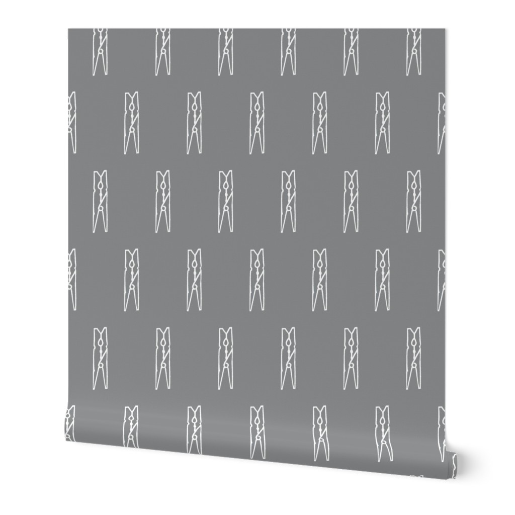 Clothespins - Grey Wallpaper, 2'x9', Prepasted Removable Smooth, Gray