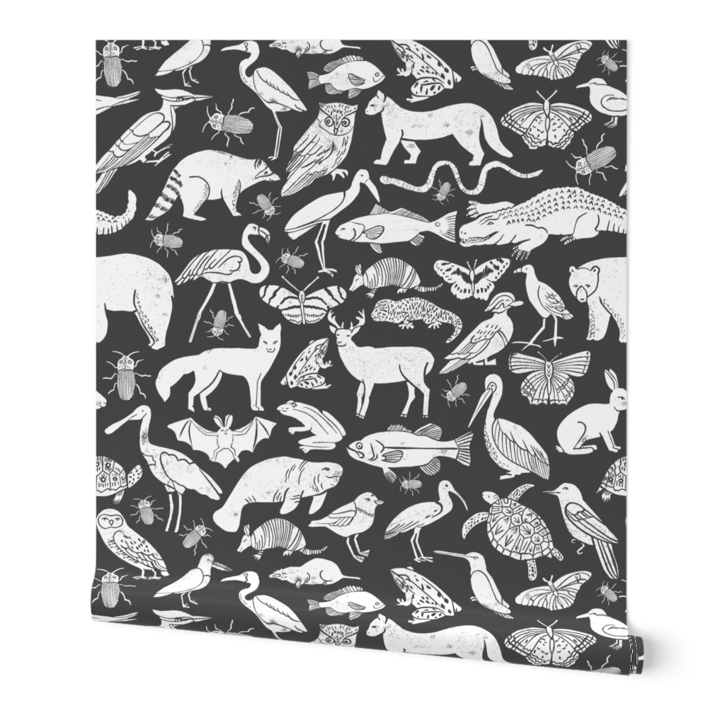 Linocut Animals - Charcoal Wallpaper, 2'x3', Prepasted Removable Smooth, Gray