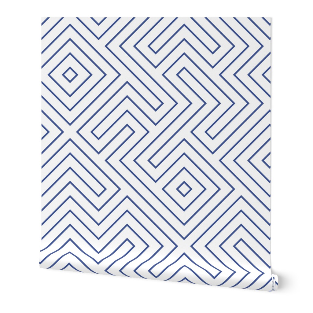 Tribal Maze - Cobalt on White Wallpaper, 2'x3', Prepasted Removable Smooth, Blue