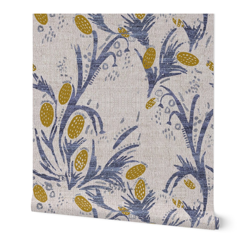 French Linen Thistle - Blue Wallpaper, 2'x9', Prepasted Removable Smooth, Blue