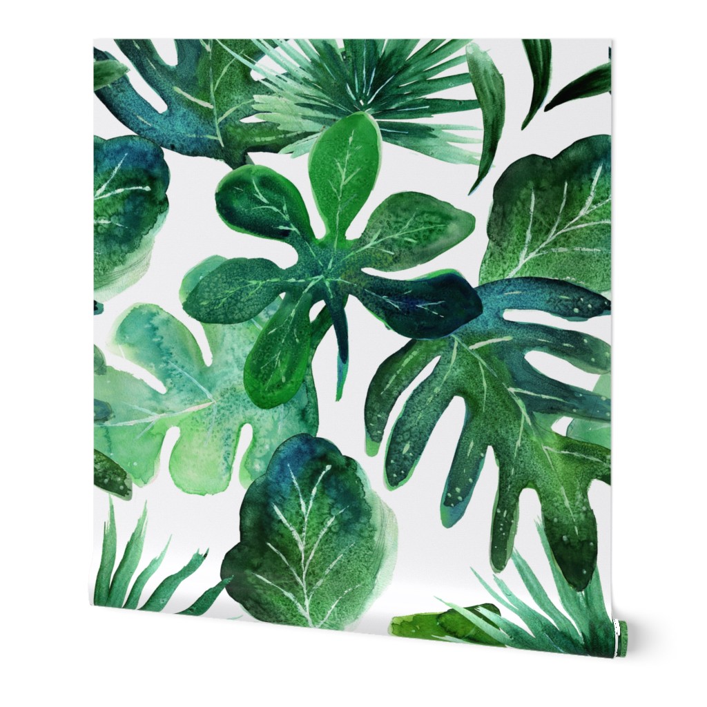 Wtercolor Tropical Leaves - Green on White Wallpaper, 2'x9', Prepasted Removable Smooth, Green