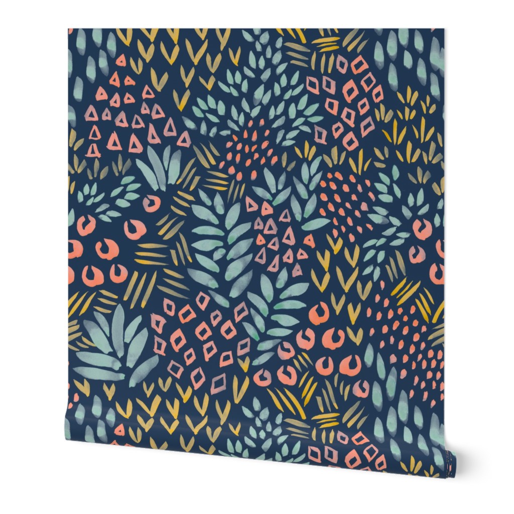 Midnight Jungle - Multi on Dark Wallpaper, 2'x12', Prepasted Removable Smooth, Blue
