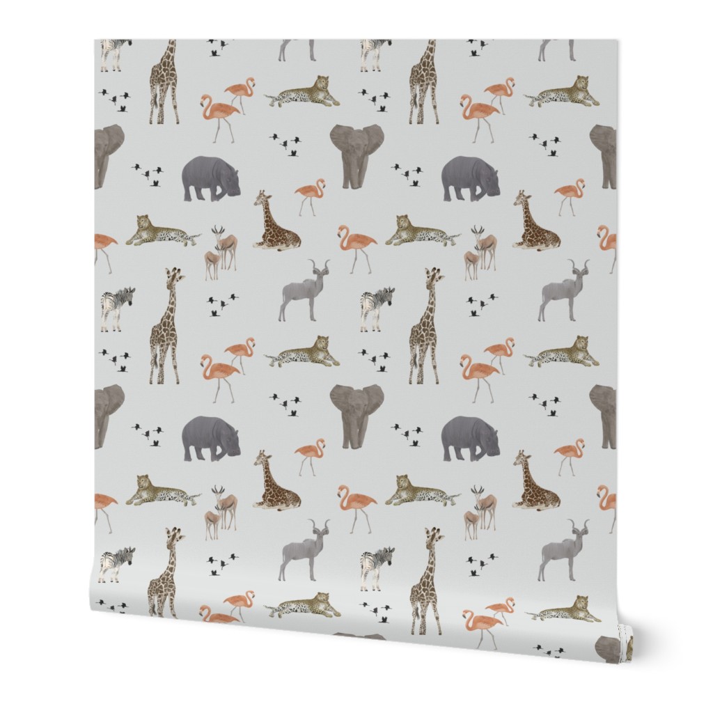 Safari Animals - Gray Multi Wallpaper, 2'x9', Prepasted Removable Smooth, Multicolor