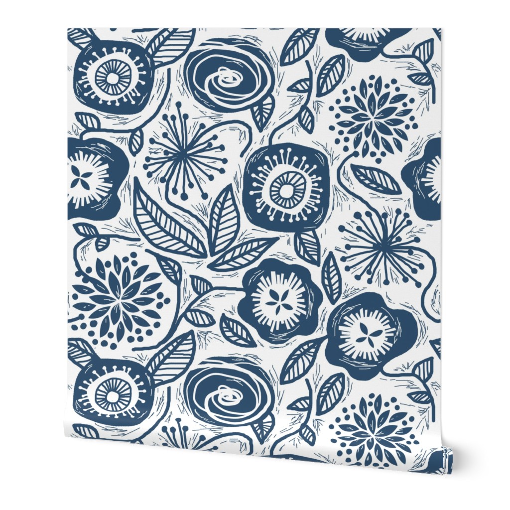 Linocut Leaves and Petals - Navy Blue Wallpaper, 2'x12', Prepasted Removable Smooth, Blue