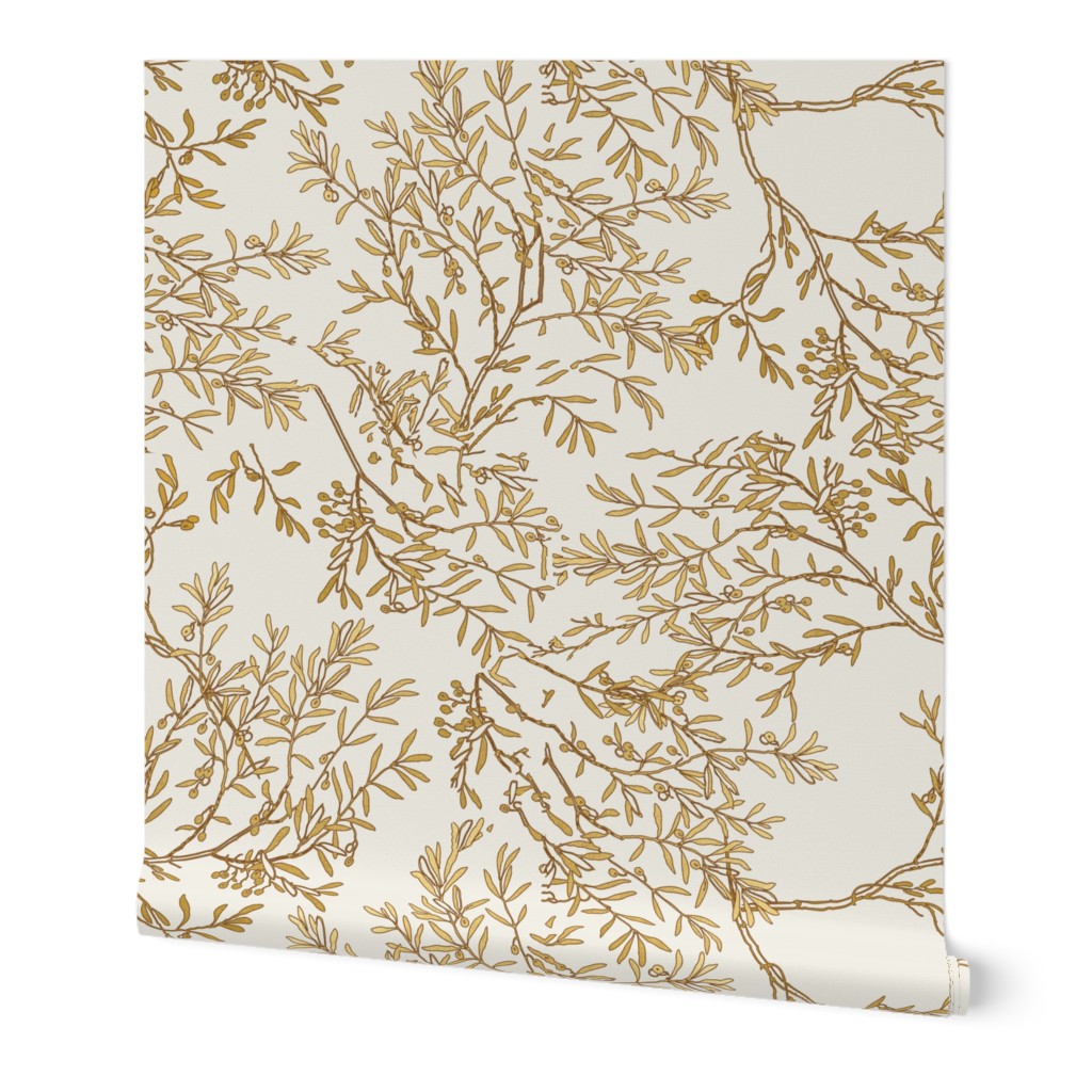 Branches Toile Chinoiserie - Gold on Ivory Wallpaper, 2'x12', Prepasted Removable Smooth, Beige