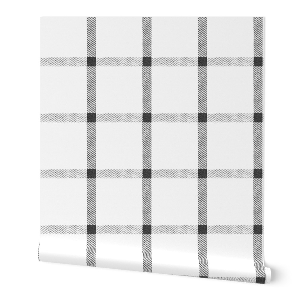Linen Check Tartan Plaid - Black and White Wallpaper, Test Swatch (2' x 1'), Prepasted Removable Smooth, White