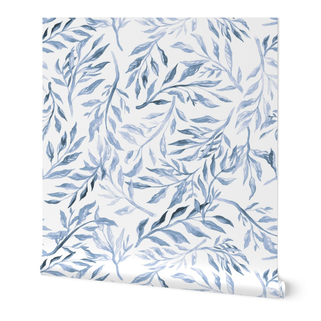 Watercolor Branches - Blue Wallpaper, 2'x3', Prepasted Removable Smooth, Blue