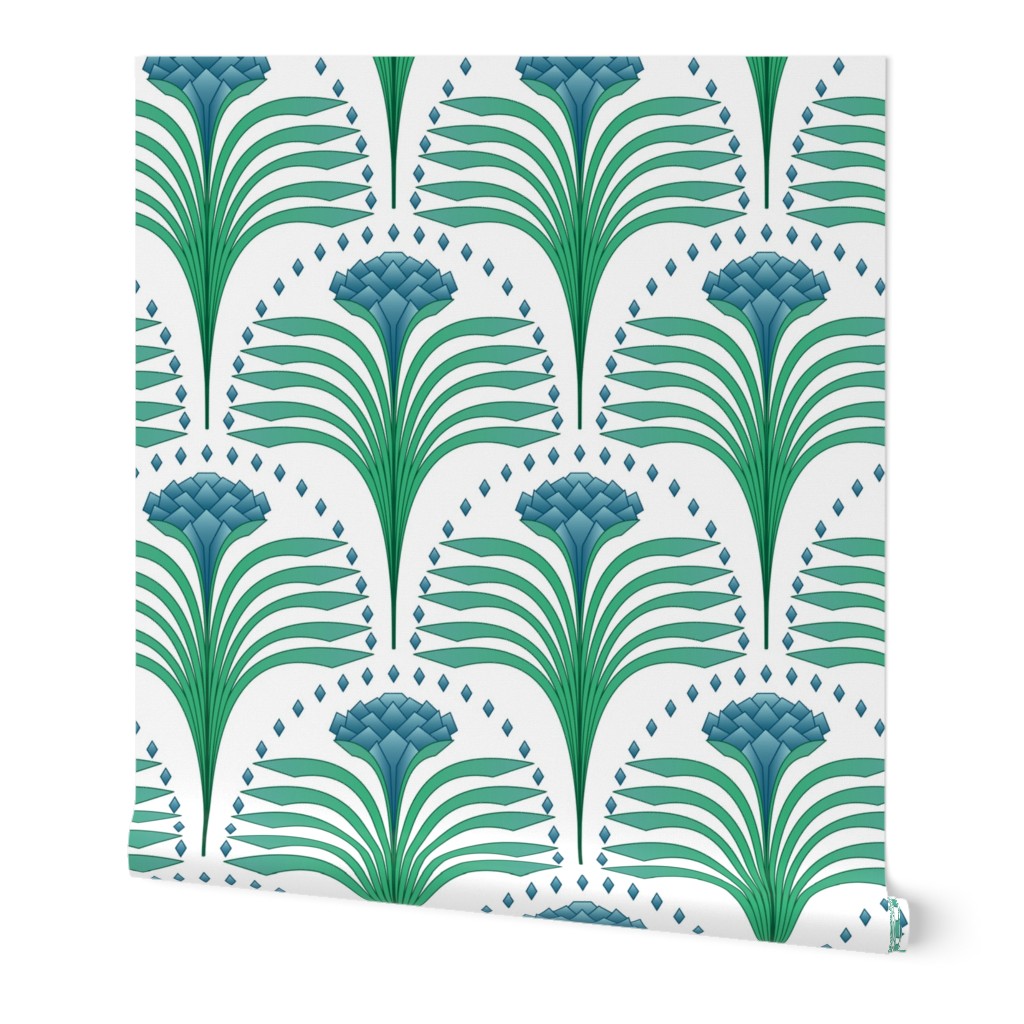 Art Deco Hydrangea and Leaves - Blue and Green Wallpaper, Test Swatch (2' x 1'), Prepasted Removable Smooth, Green