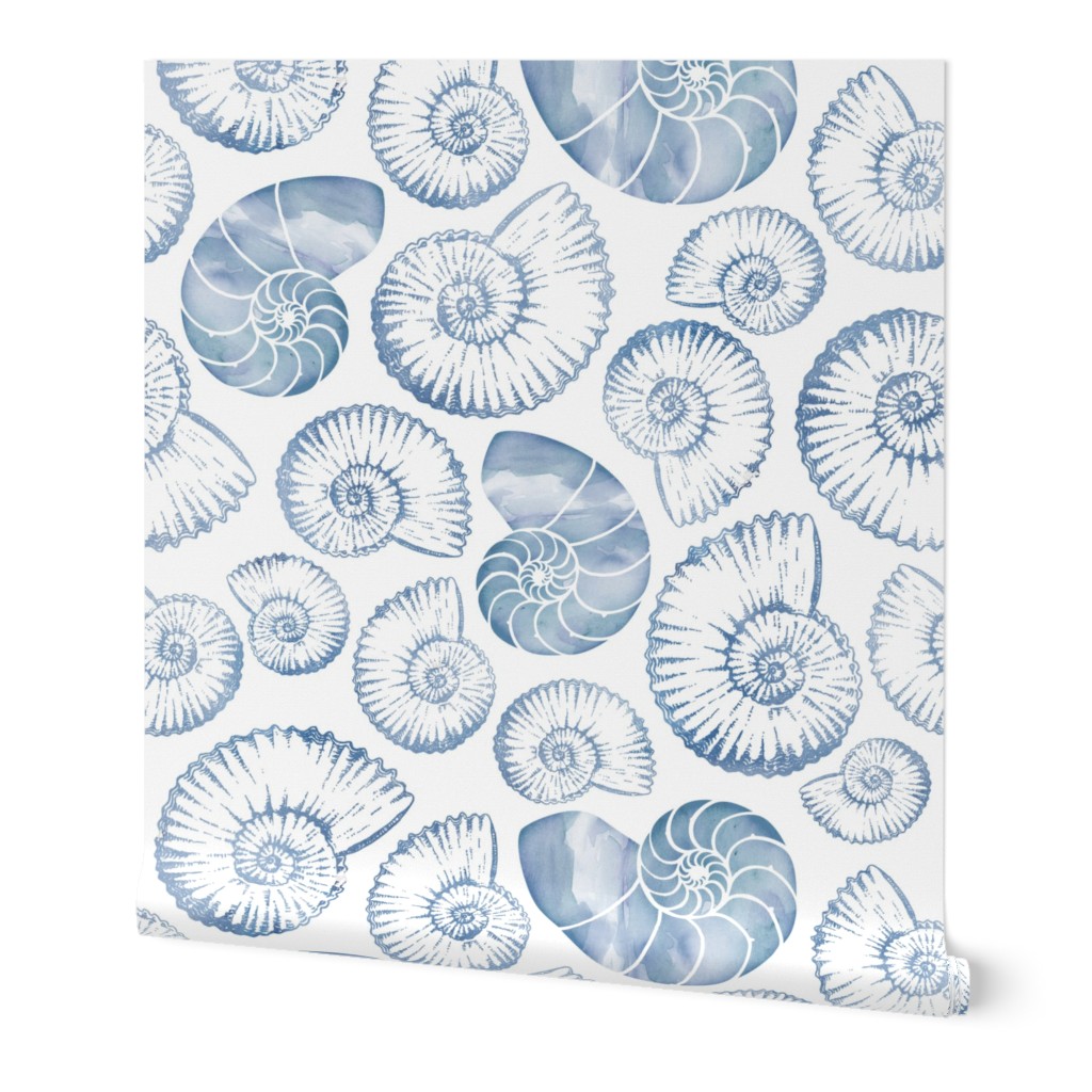 Nautilus Shells - Blue Wallpaper, Test Swatch (2' x 1'), Prepasted Removable Smooth, Blue