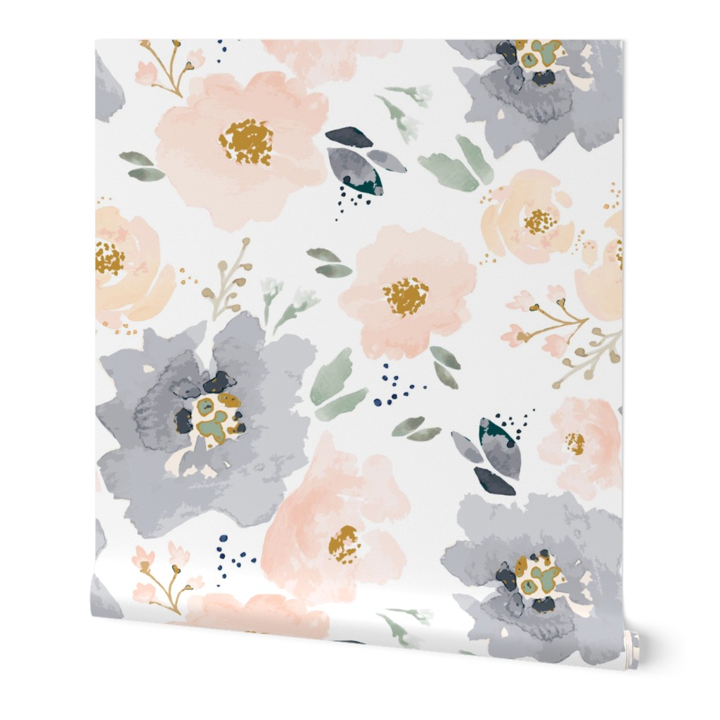 Watercolor Blossoms - Peach and Gray Wallpaper, 2'x12', Prepasted Removable Smooth, Pink