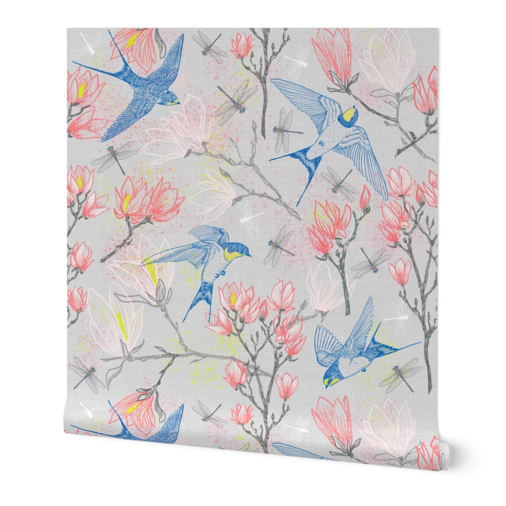 Swallows and Magnolias - Multi Wallpaper, 2'x9', Prepasted Removable Smooth, Multicolor