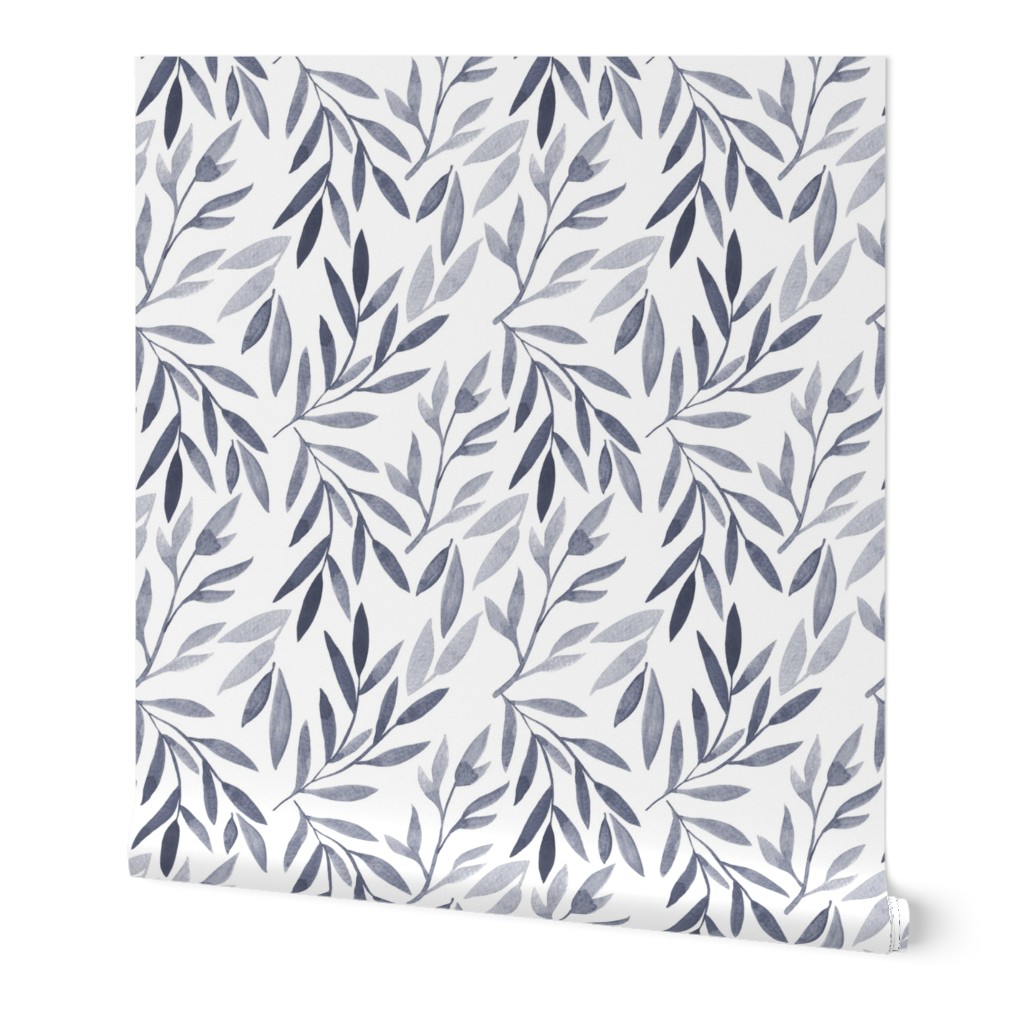Watercolor Leaves - Gray Wallpaper, 2'x12', Prepasted Removable Smooth, Gray