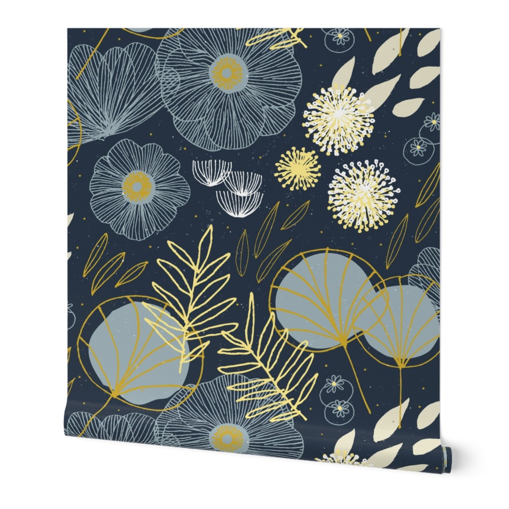 Spring Floral - Navy and Black Wallpaper, 2'x9', Prepasted Removable Smooth, Blue