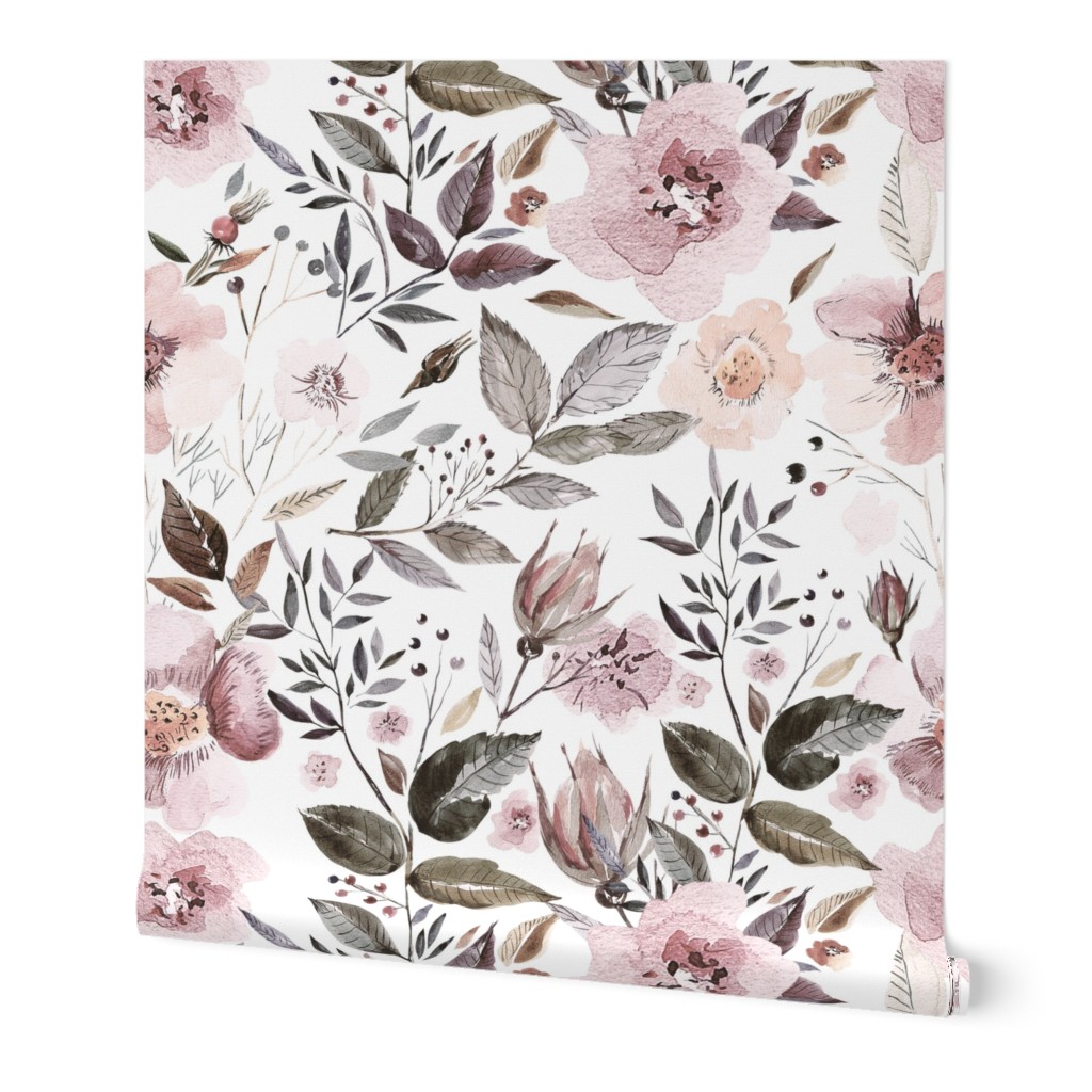 18 utart autumnal blush watercolor flowers on white wallpaper
