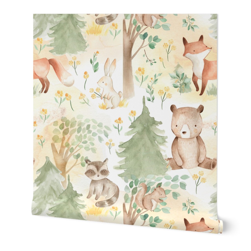 Baby Woodland Animals in Forest - Multi Wallpaper, 2'x9', Prepasted Removable Smooth, Multicolor