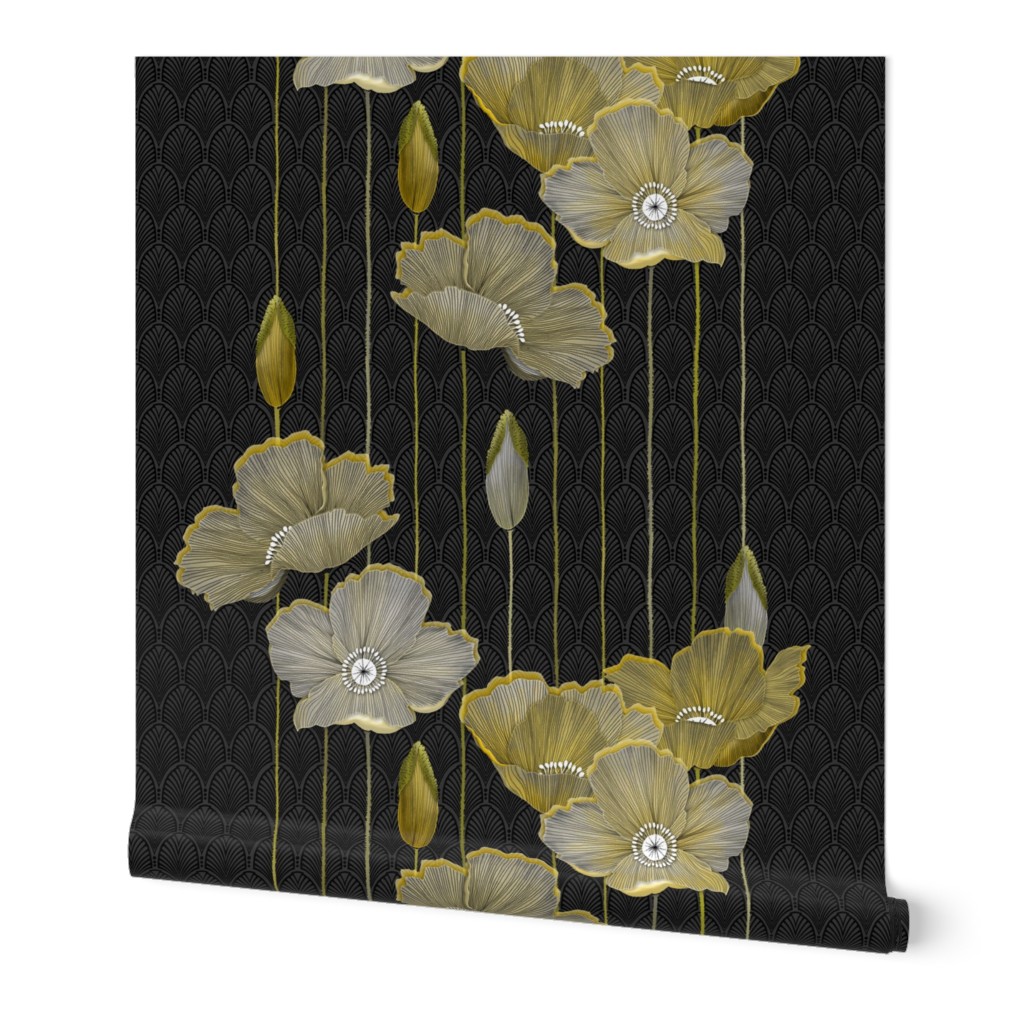 Golden Poppies - Dark Wallpaper, 2'x12', Prepasted Removable Smooth, Black