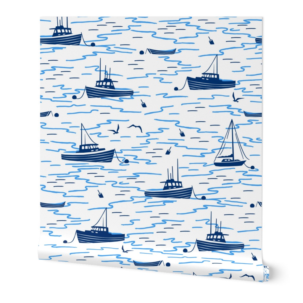 Harbor Boats - Blue Wallpaper, 2'x9', Prepasted Removable Smooth, Blue