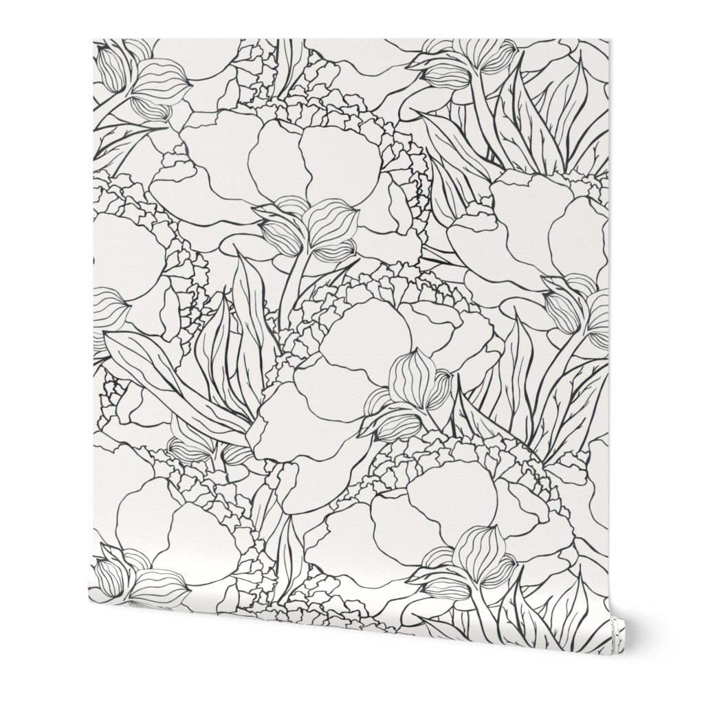 Peonies - Black and White Wallpaper, 2'x9', Prepasted Removable Smooth, White