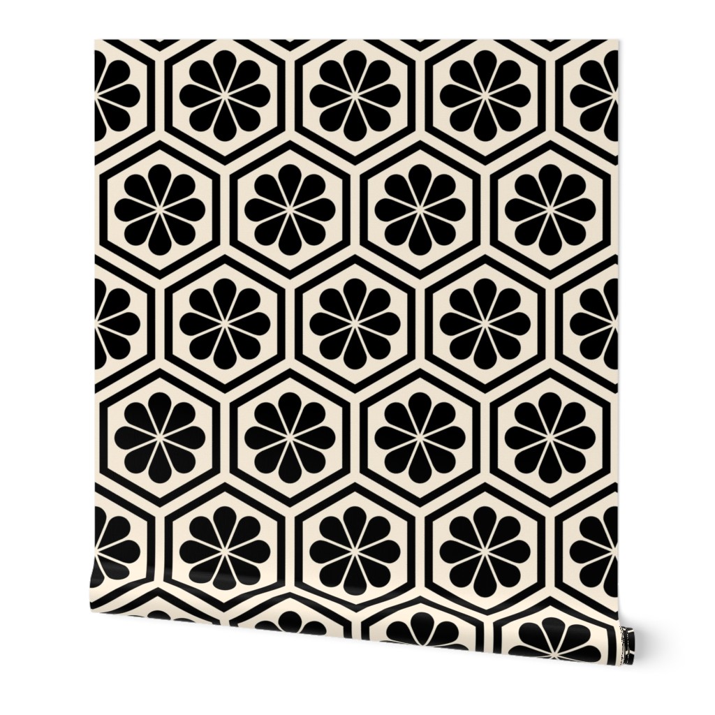 Hexagon Flower Geometric - Black and Cream Wallpaper, 2'x12', Prepasted Removable Smooth, Black