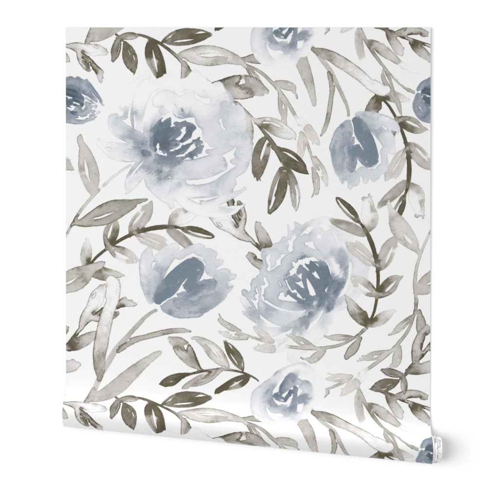Watercolor Floral - Blue and Taupe Wallpaper, 2'x12', Prepasted Removable Smooth, Blue