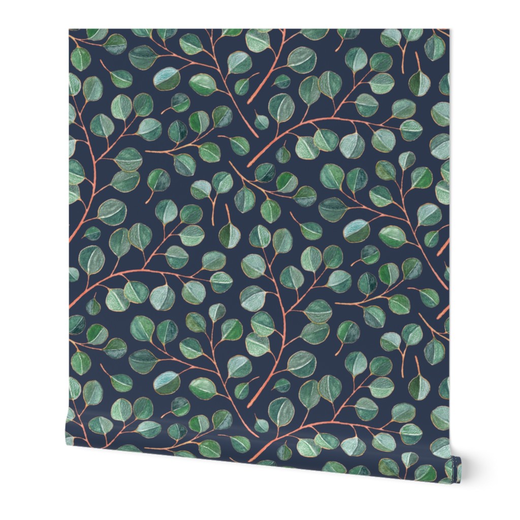 Simple Silver Dollar Eucalyptus Leaves - Green on Navy Wallpaper, 2'x9', Prepasted Removable Smooth, Green