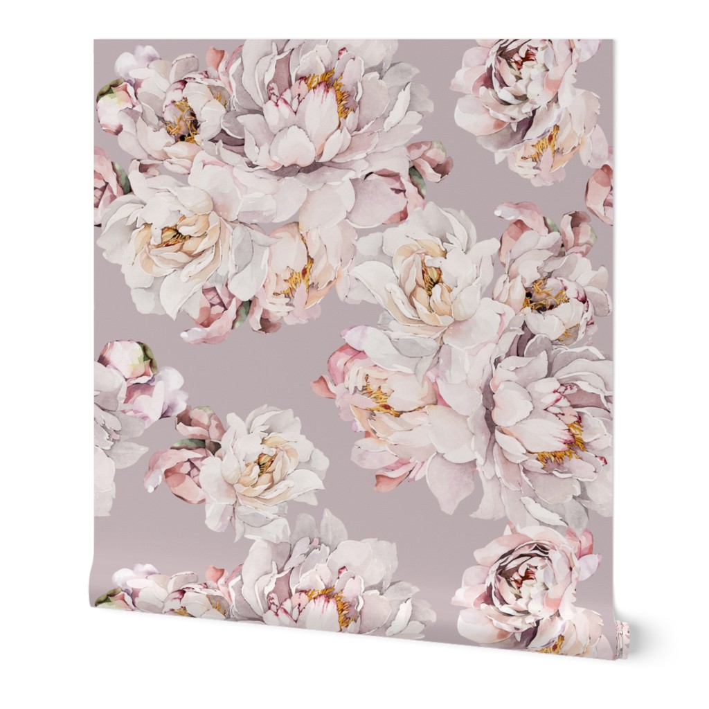 Watercolor Peony - White on Gray Wallpaper, 2'x9', Prepasted Removable Smooth, Pink