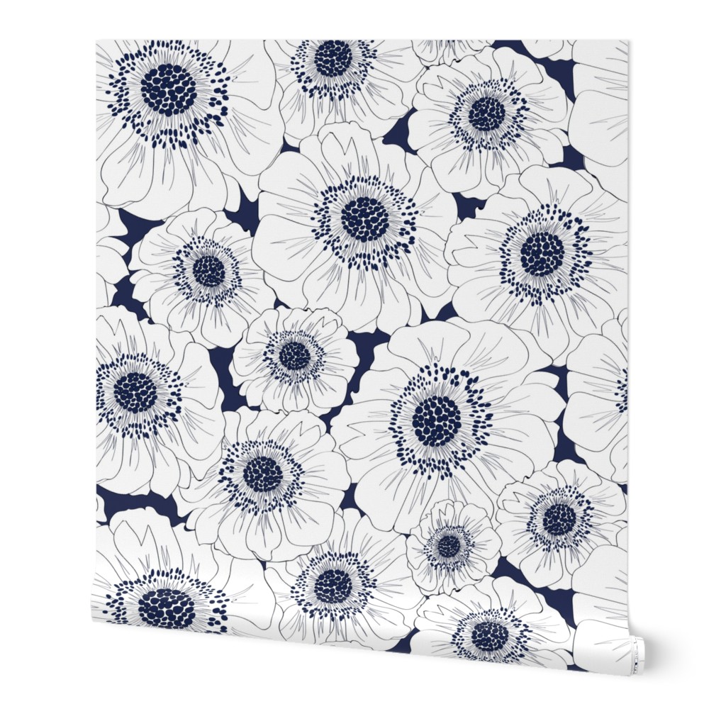 Anemones - Navy and White Wallpaper, Test Swatch (2' x 1'), Prepasted Removable Smooth, Blue