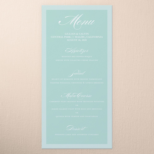 Picture Perfect Couple Wedding Menu, Green, 4x8 Menu, 100% Recycled Cardstock , Square, Mint