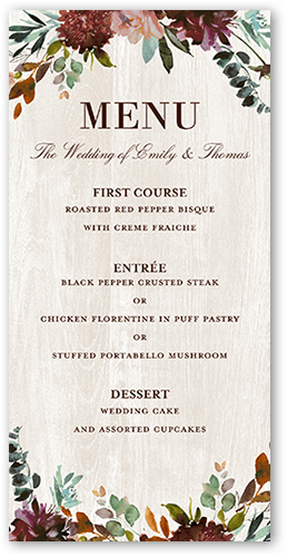 Harvest Time Florals Wedding Menu, Red, 4x8 Menu, Matte, Signature Smooth Cardstock, Square, Cabernet