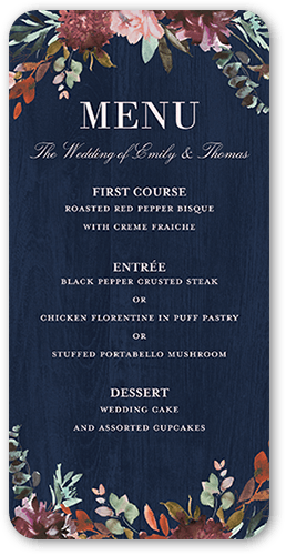 Harvest Time Florals Wedding Menu, Blue, 4x8 Menu, Matte, Signature Smooth Cardstock, Rounded, Navy