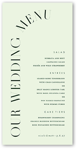 Refined Request Wedding Menu, Green, 4x8 Menu, Pearl Shimmer Cardstock, Square