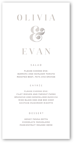 Alluring Ampersand Wedding Menu, Grey, 4x8 Menu, Pearl Shimmer Cardstock, Square