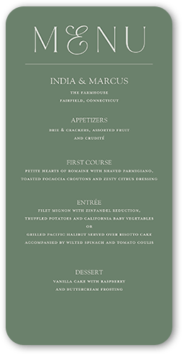 Fancy Feature Wedding Menu, Green, 4x8 Menu, Standard Smooth Cardstock, Rounded