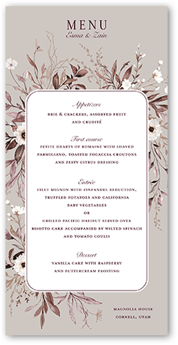 Floral Filigree Wedding Menu, Beige, 4x8 Menu, Pearl Shimmer Cardstock, Square